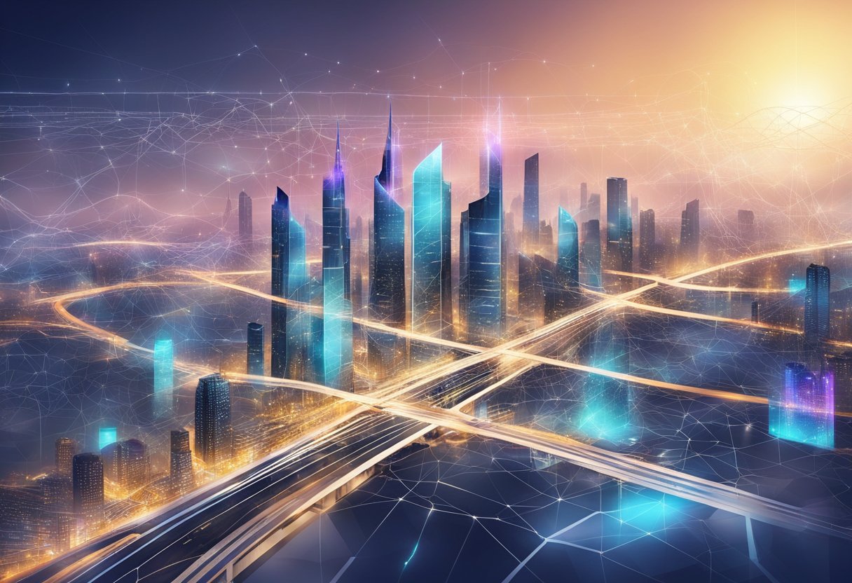 A futuristic city skyline with interconnected digital networks and data streams