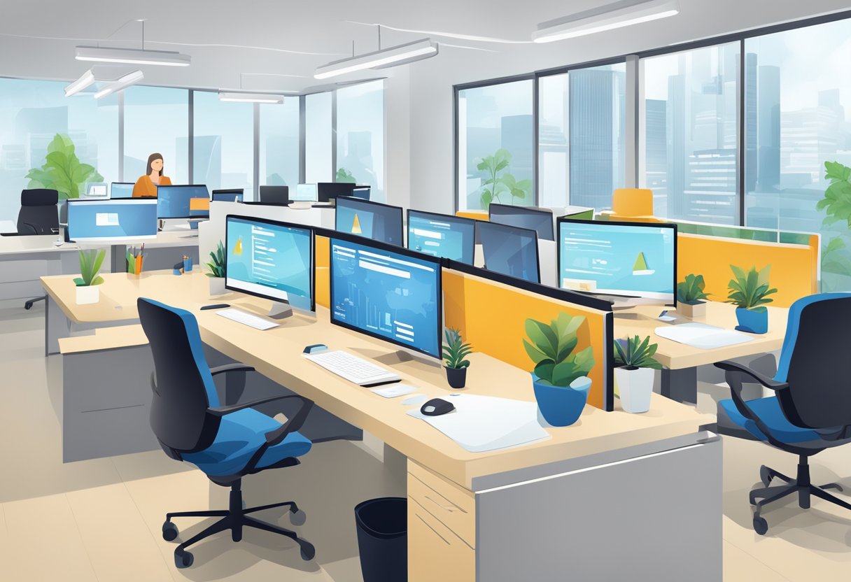 A bright, modern office with a computer screen displaying positive reviews and success stories for Kajabi. A sense of accomplishment and satisfaction is evident in the atmosphere