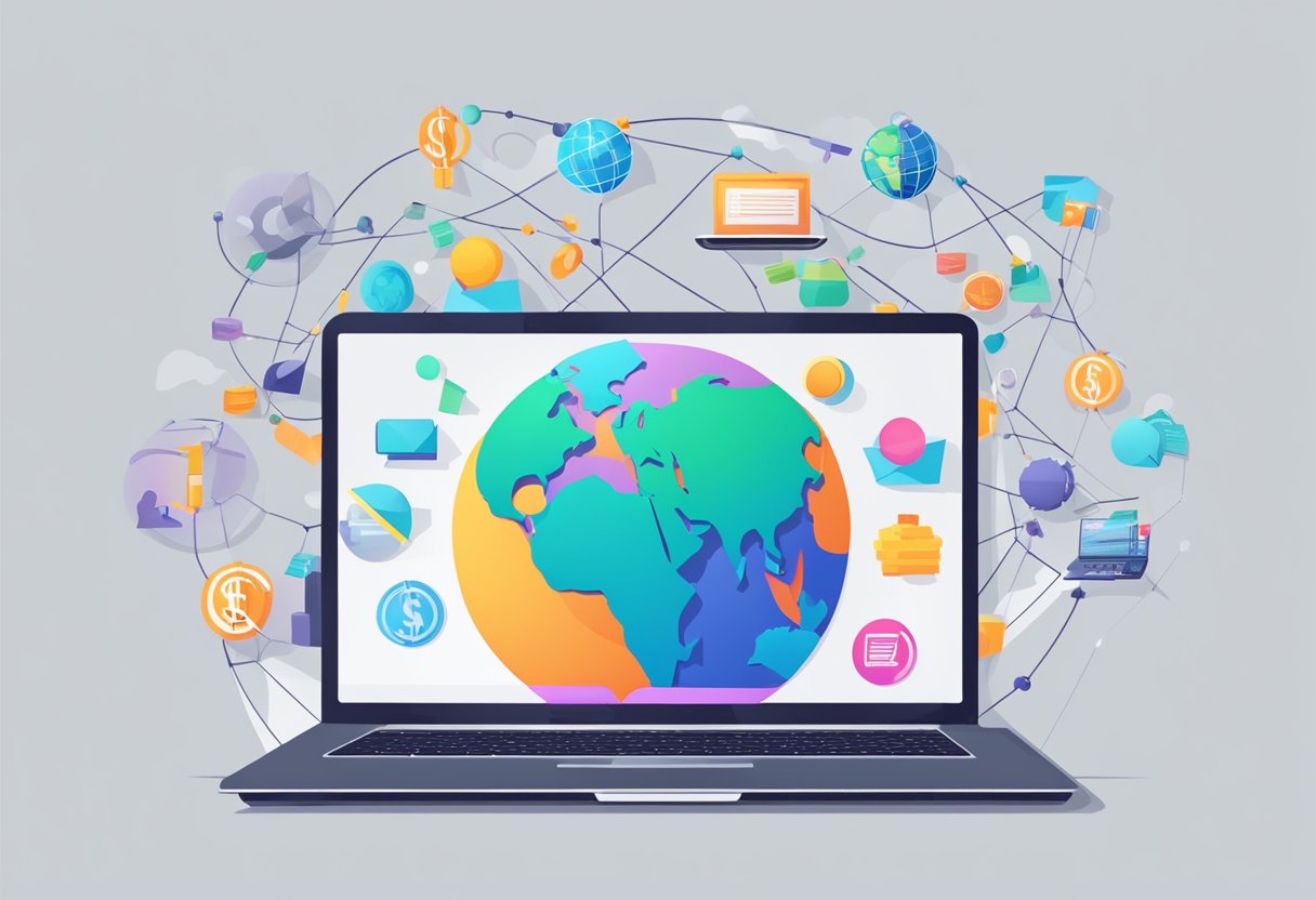 A laptop with a globe and a dollar sign, surrounded by various product icons, and a network of interconnected lines