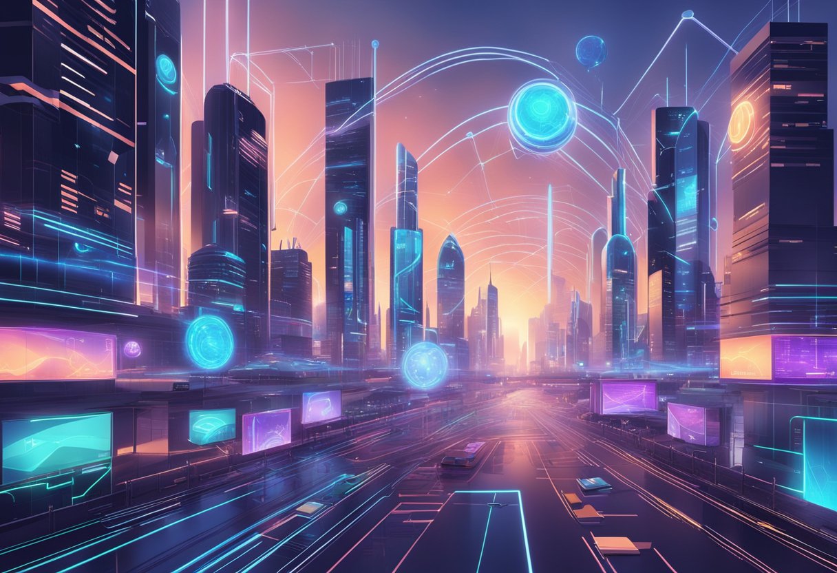 A futuristic cityscape with digital screens displaying various products and brands, interconnected by a web of glowing lines, symbolizing the evolution of affiliate marketing in 2024