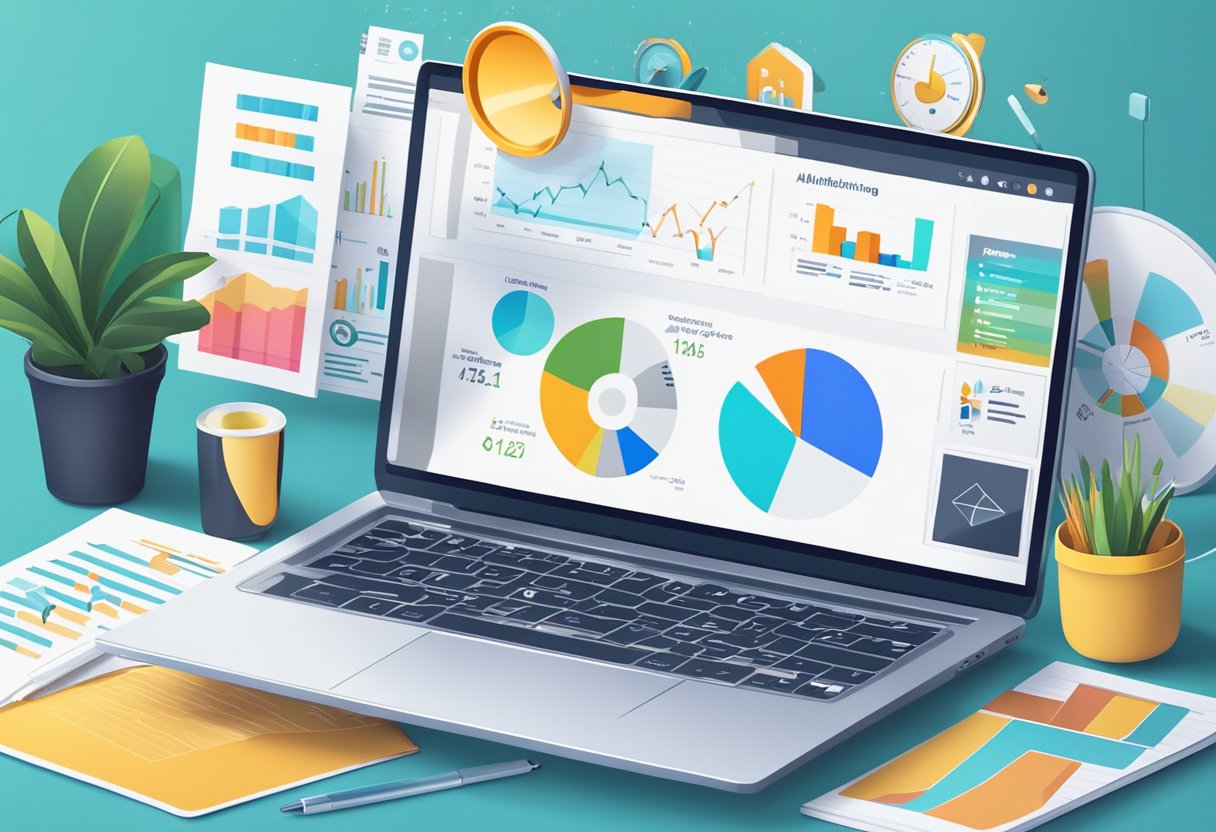 A laptop surrounded by various marketing materials and charts, with a prominent "Affiliate Marketing 2024" banner displayed on the screen