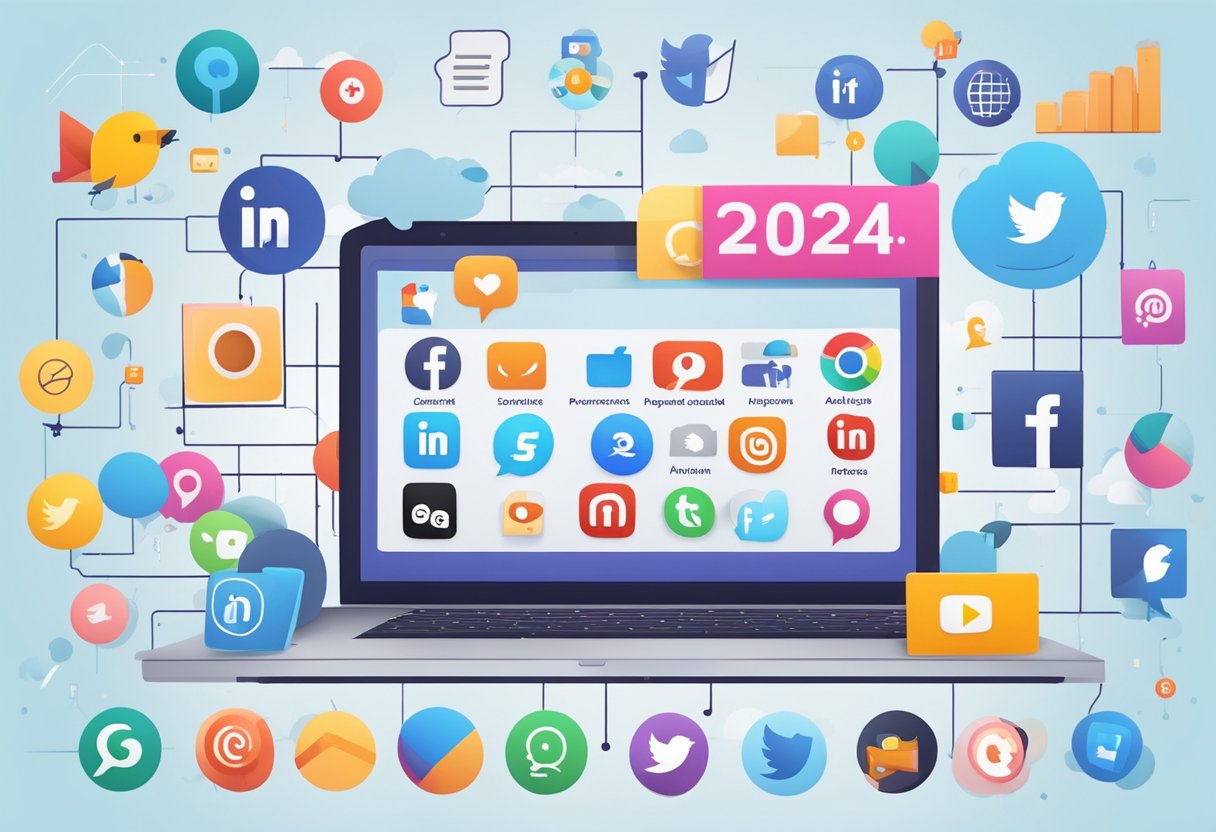 A laptop surrounded by various social media icons, with a graph showing increasing affiliate marketing trends for the year 2024