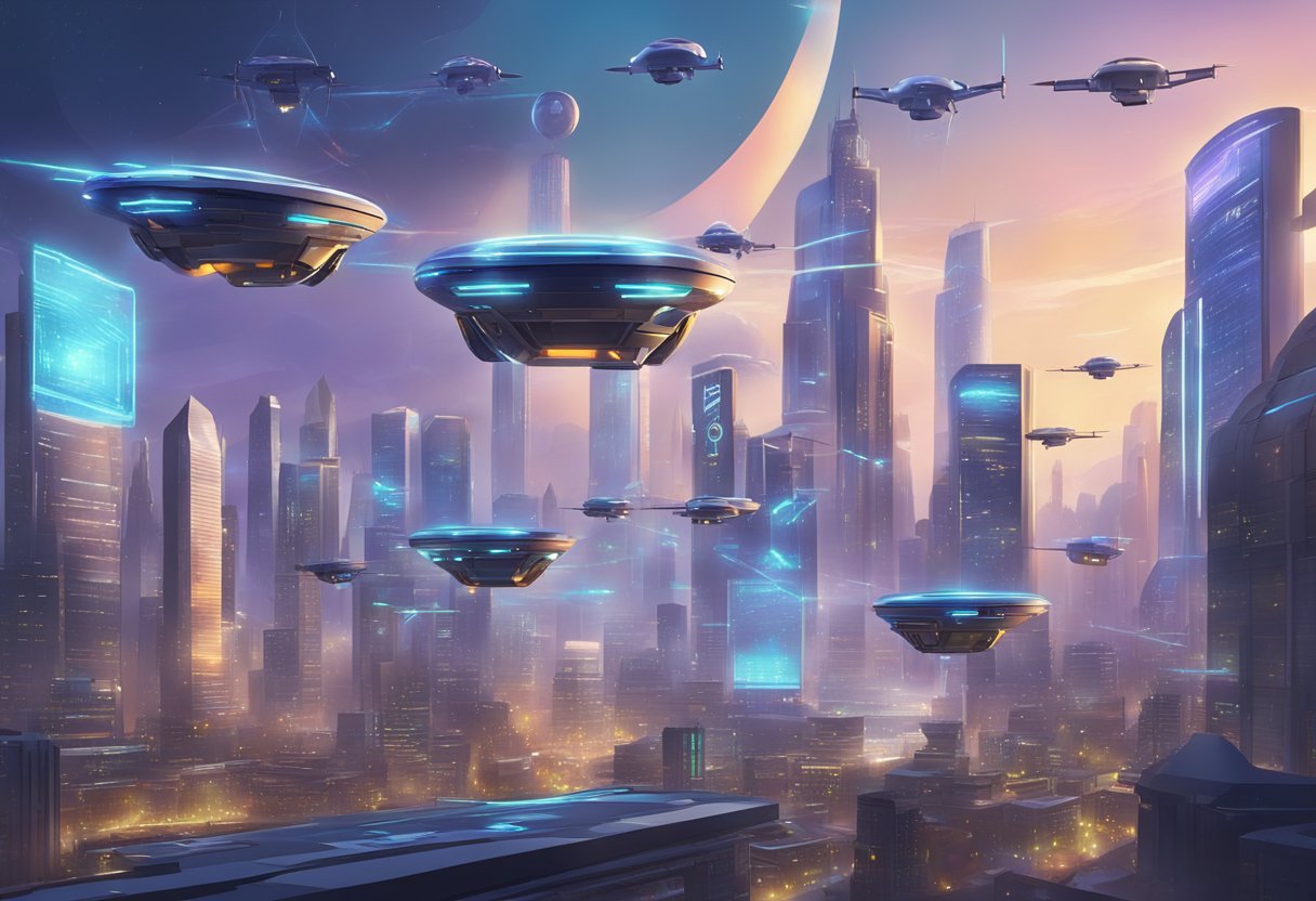 A futuristic city skyline with holographic advertisements and drones delivering packages