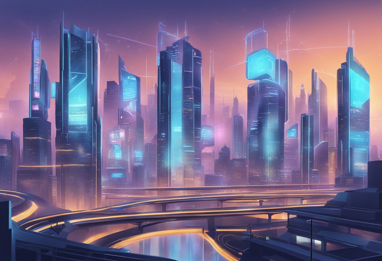 A futuristic city skyline with digital billboards displaying regulations and compliance messages for affiliate marketing in 2024