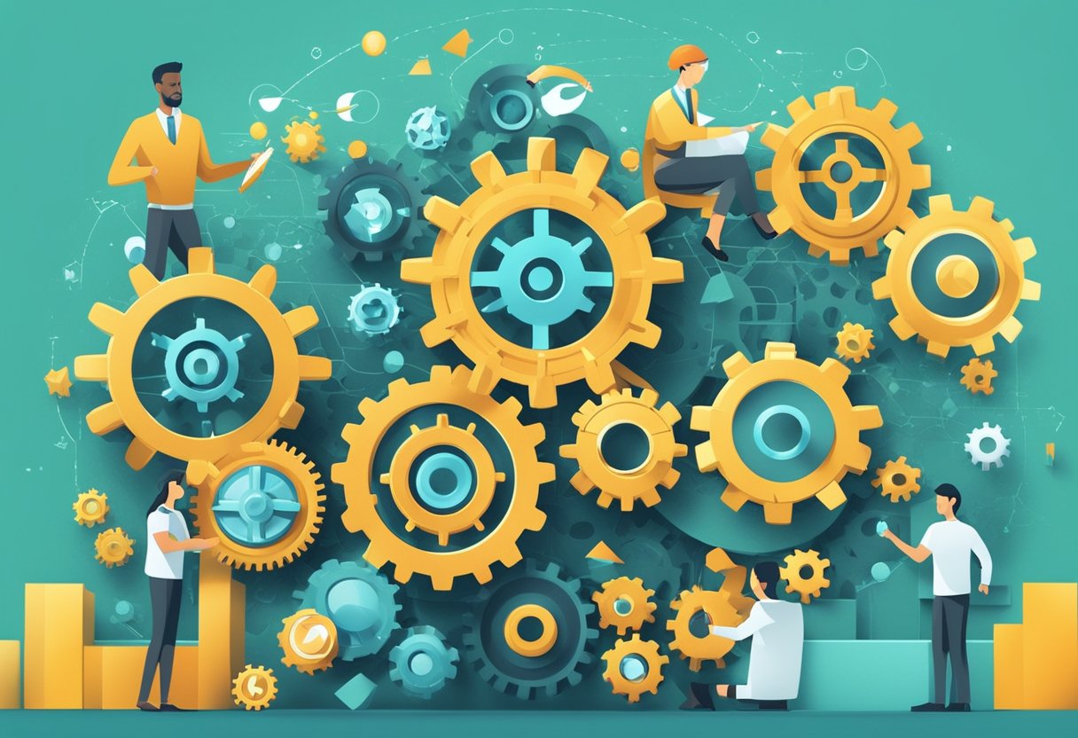 A group of interconnected gears symbolizing collaboration and partnership, surrounded by marketing symbols and affiliate logos, with a futuristic backdrop