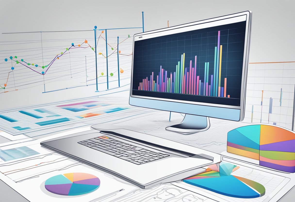 A computer screen displaying a graph with an upward trend, surrounded by various charts and data points