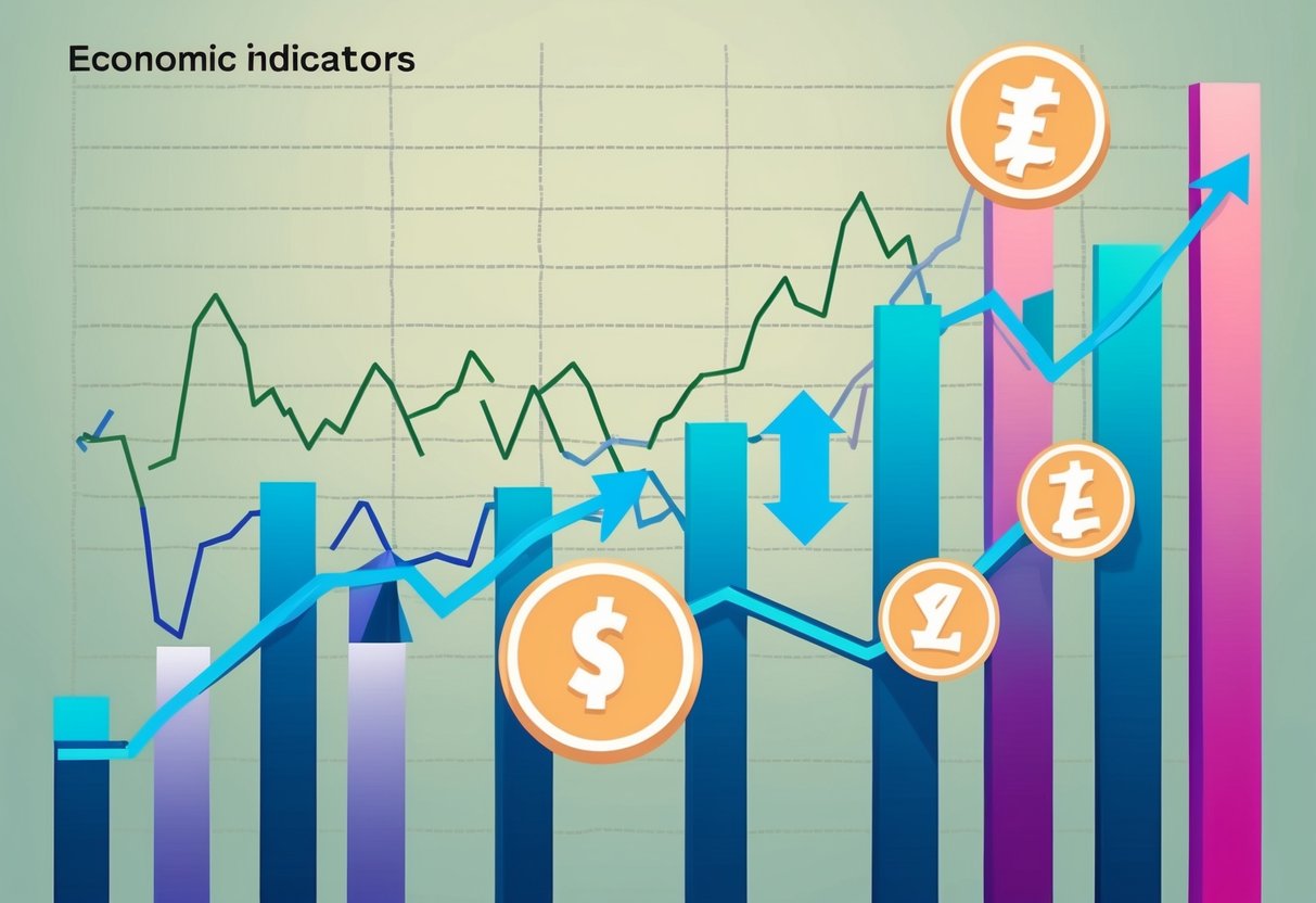 A graph showing various economic indicators fluctuating over time, with currency symbols and arrows representing the forex market