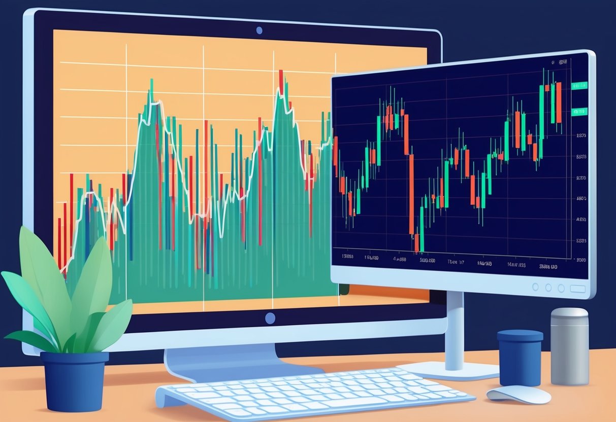 A line graph showing fluctuating economic indicators and a forex market chart side by side on a computer screen