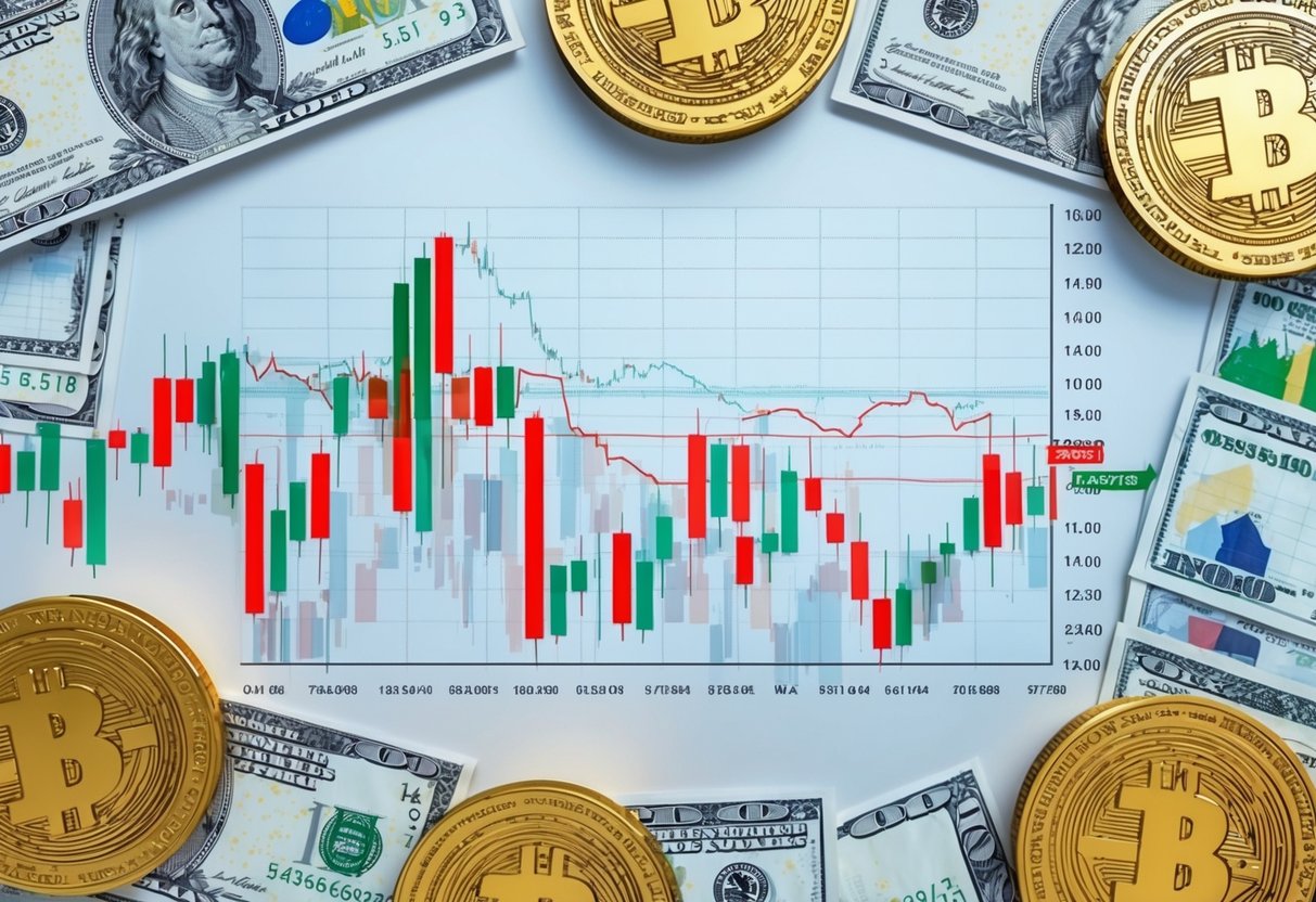 A financial chart with various economic indicators overlaid, surrounded by currency symbols and forex trading graphs