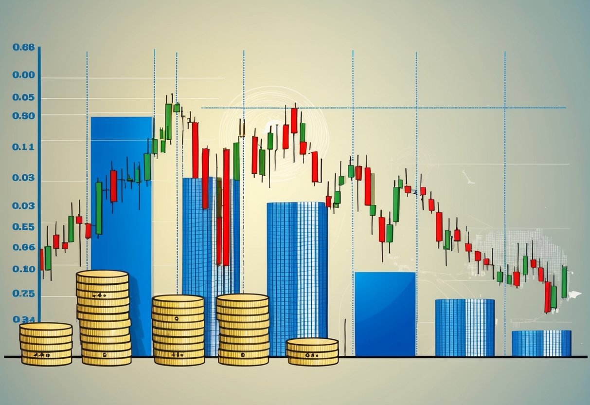 A series of graphs and charts displaying economic indicators, alongside currency symbols and fluctuating forex market data