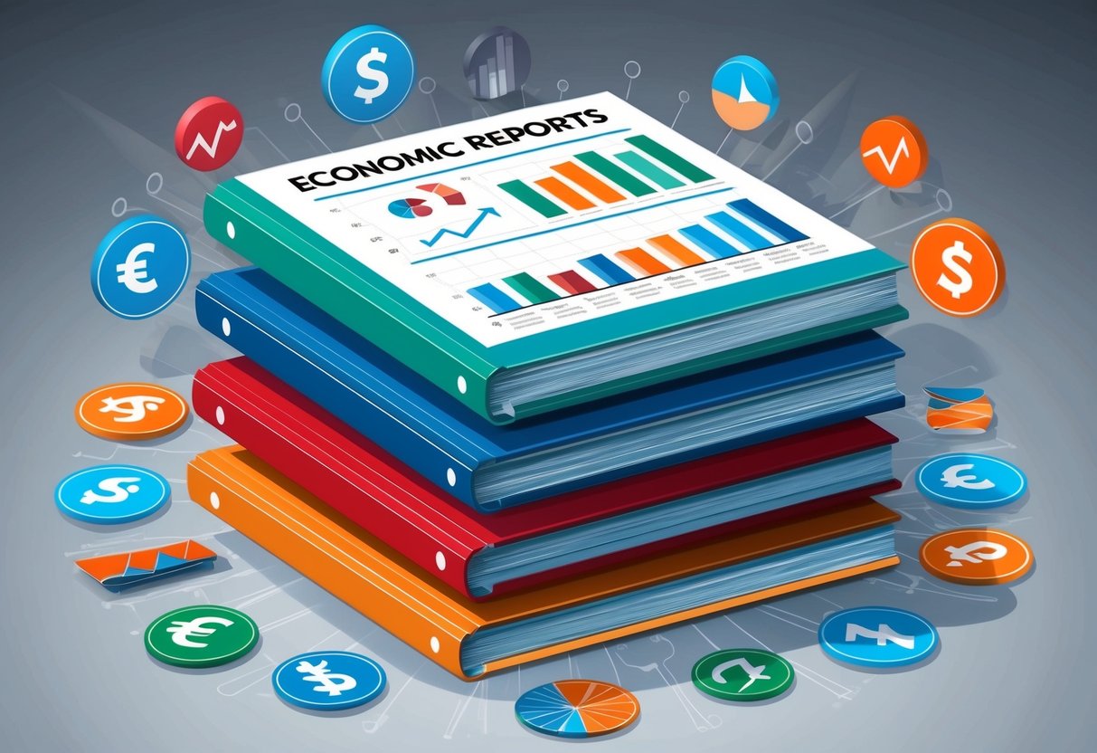 A stack of economic reports with charts and graphs, surrounded by currency symbols and market indicators