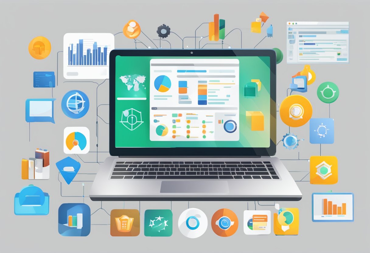 A laptop surrounded by various research software logos, with a graph showing top 10 rankings in the background