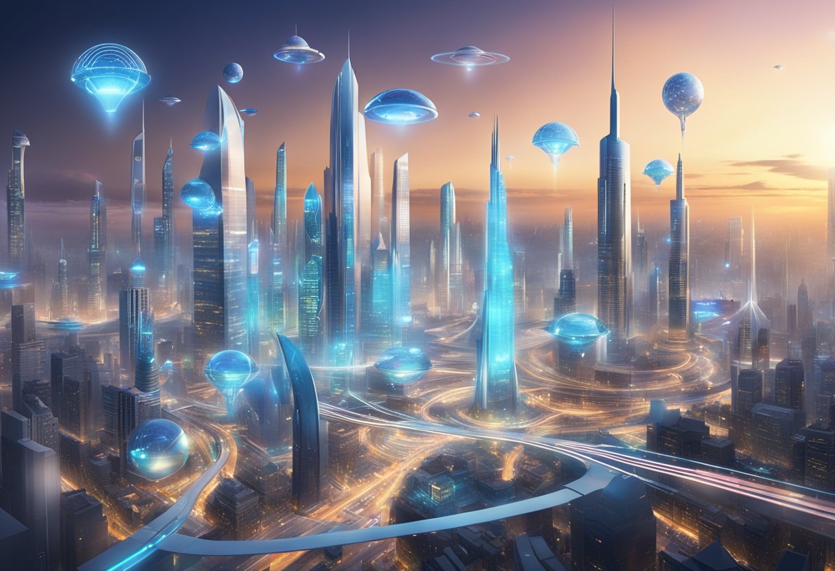 A futuristic cityscape with holographic displays showcasing various product research software logos in the sky. A bustling marketplace below with advanced technology and sleek architecture