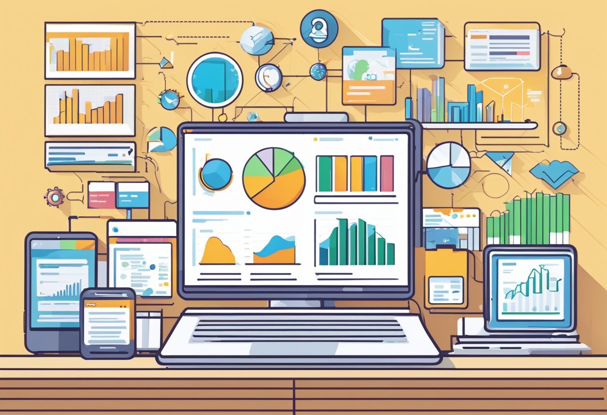 A computer screen displaying the top 10 product research softwares in E-Commerce 2024, surrounded by various charts and graphs