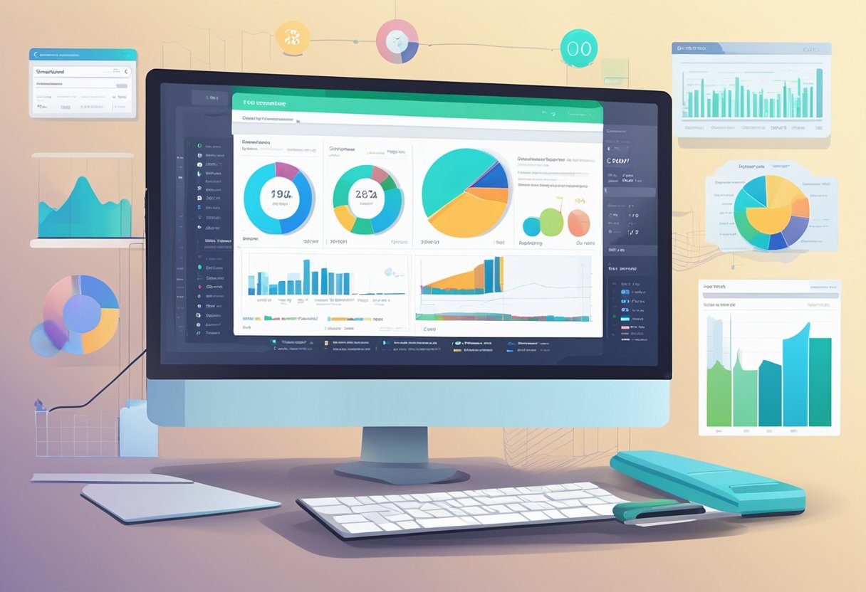 A computer screen displaying the top 10 product research softwares in e-commerce, with charts and graphs showing data for the year 2024