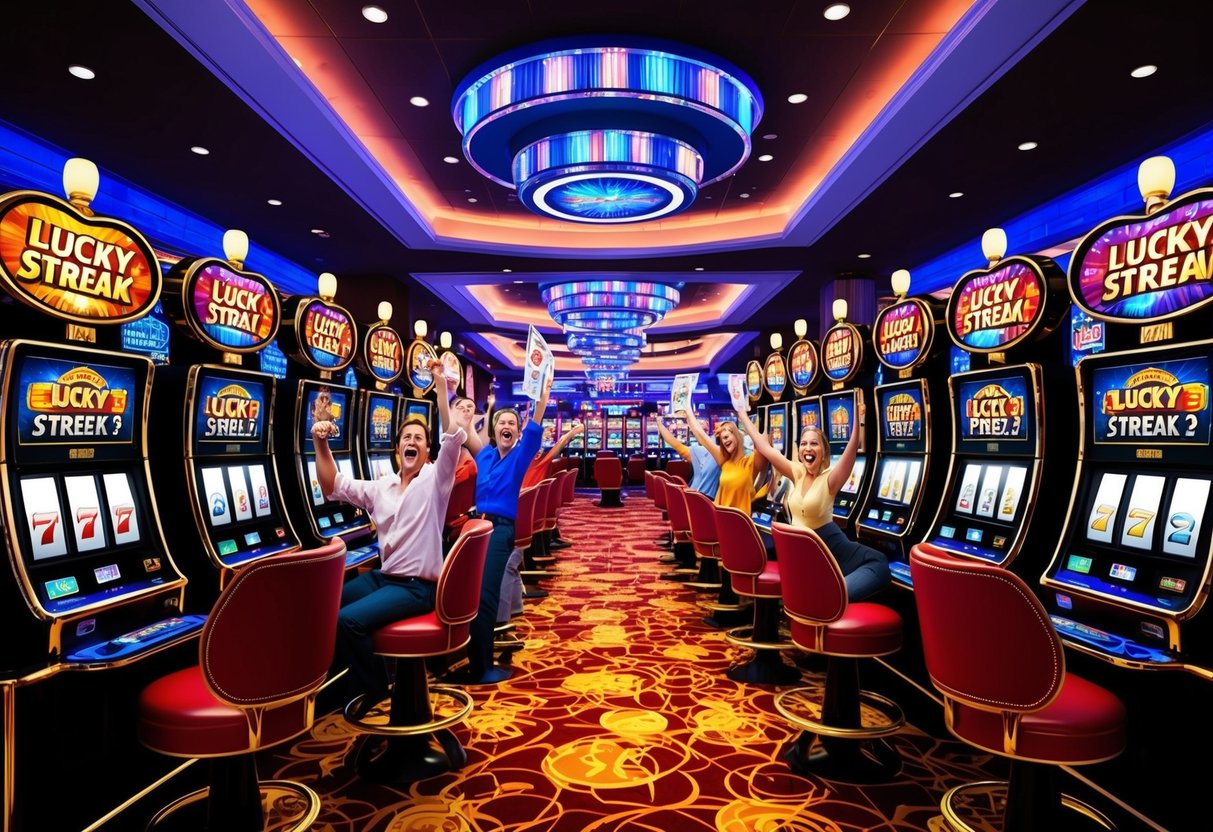 Brightly lit casino floor with rows of Lucky Streak 3 slot machines. Excited players celebrating wins, flashing lights, and colorful graphics on the screens