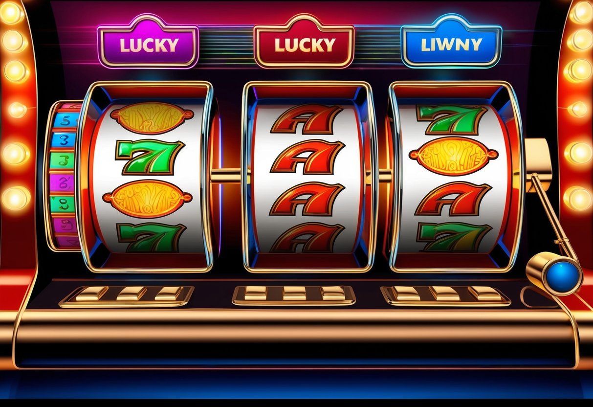 A colorful slot machine with three spinning reels displaying lucky symbols and glowing lights