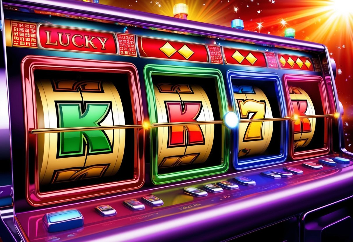 A colorful slot machine with three reels displaying lucky symbols. Bright lights and celebratory sounds create an atmosphere of excitement and anticipation