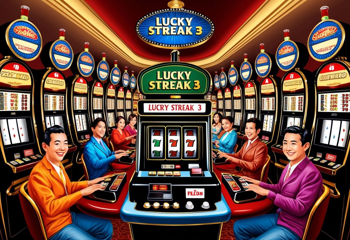 A vintage casino with rows of slot machines, featuring Lucky Streak 3 Slot as the centerpiece, surrounded by traditional slot fans eagerly playing