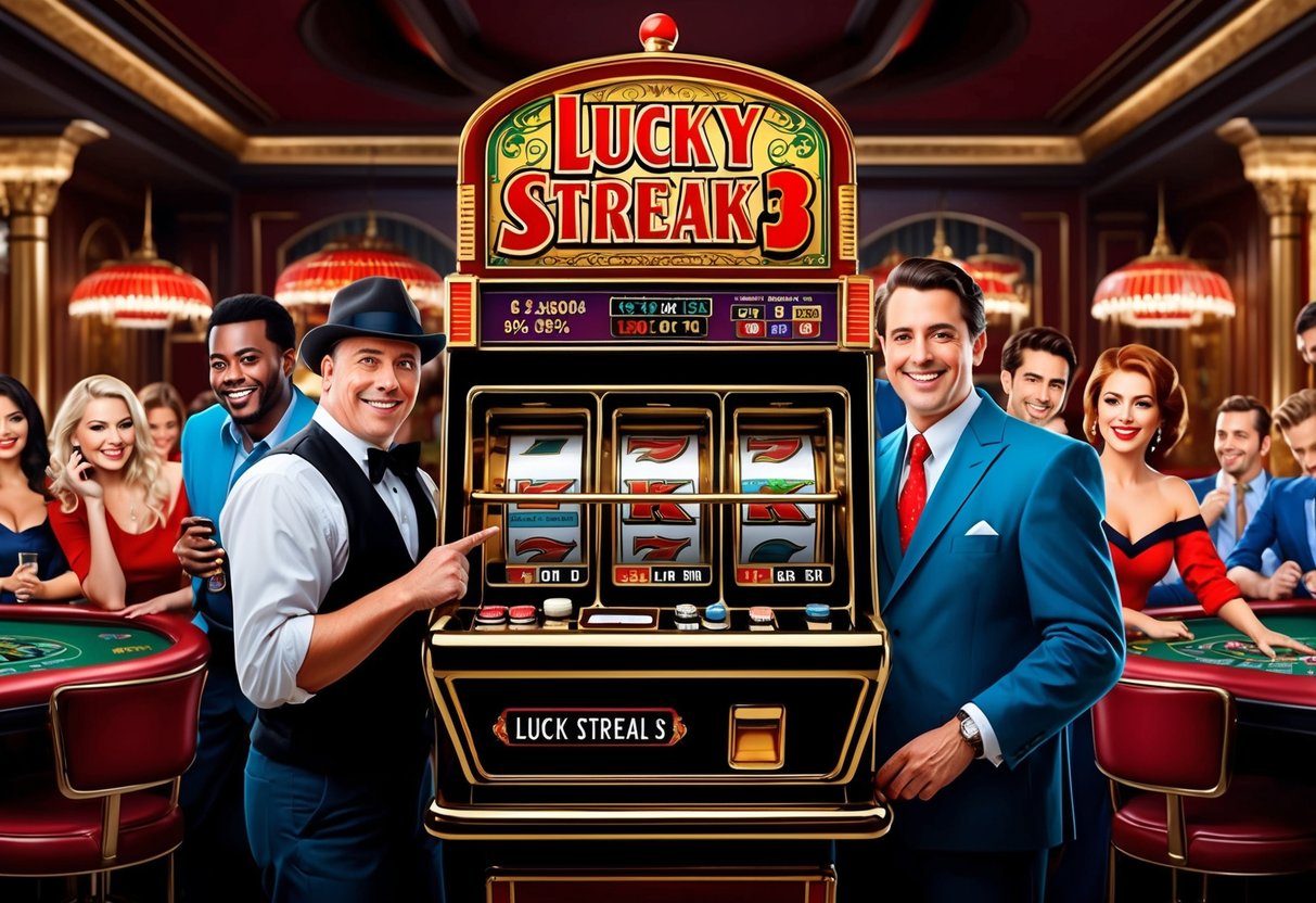 A vintage casino with Lucky Streak 3 slot machine surrounded by classic slot enthusiasts enjoying the game's traditional design and nostalgic charm