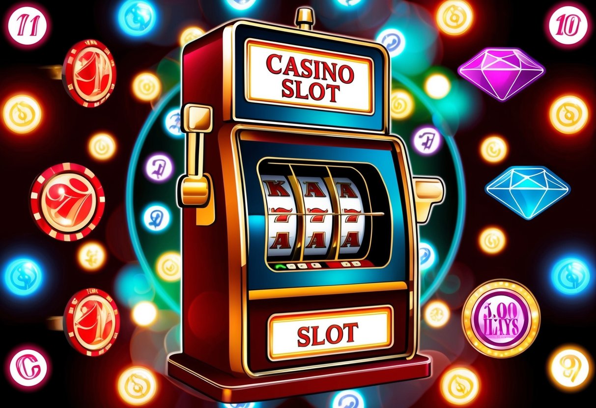 A vintage casino slot machine surrounded by flashing lights and retro symbols