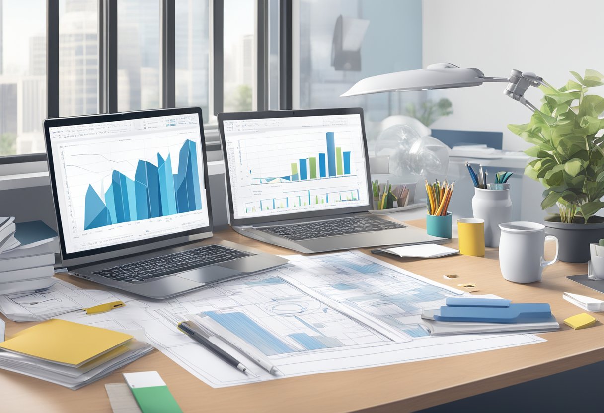 A table scattered with blueprints, charts, and graphs, surrounded by office supplies and a computer displaying "Secrets of Success Review 2024."