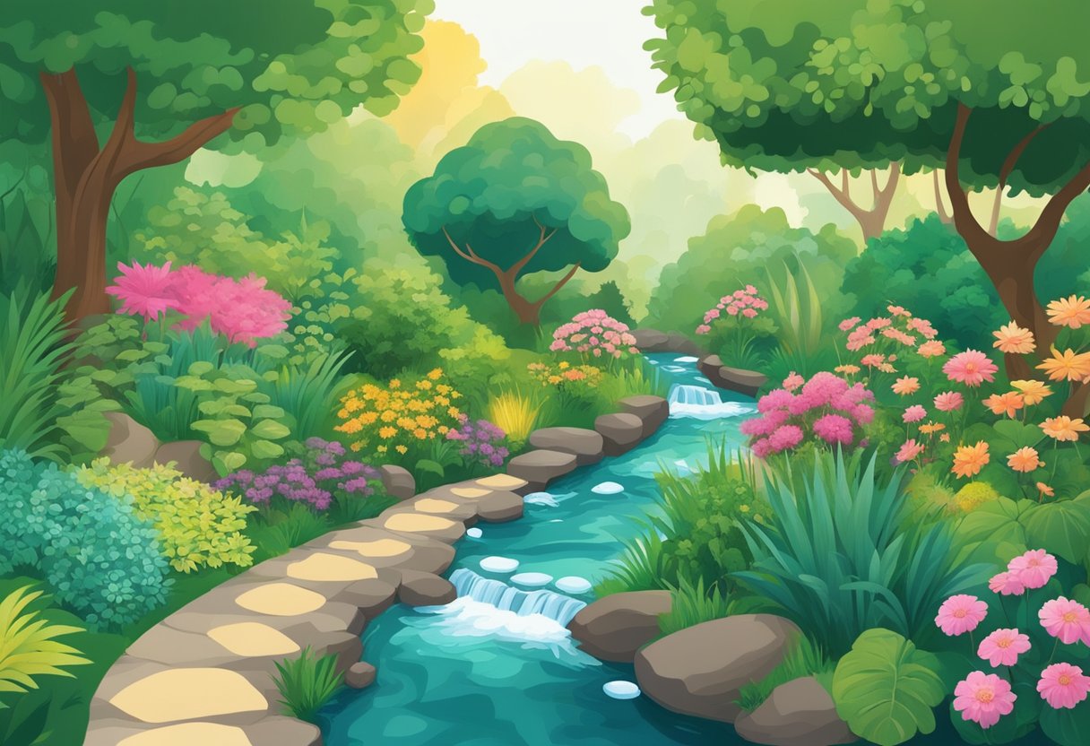 A lush garden with a variety of plants and trees, a flowing stream, and a network of interconnected pathways, symbolizing the secrets of success