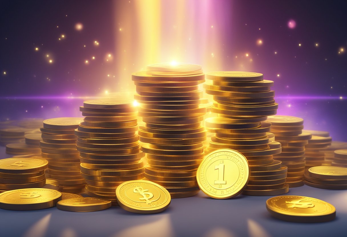 A stack of golden coins surrounded by a glowing aura, with a beam of light shining down from above