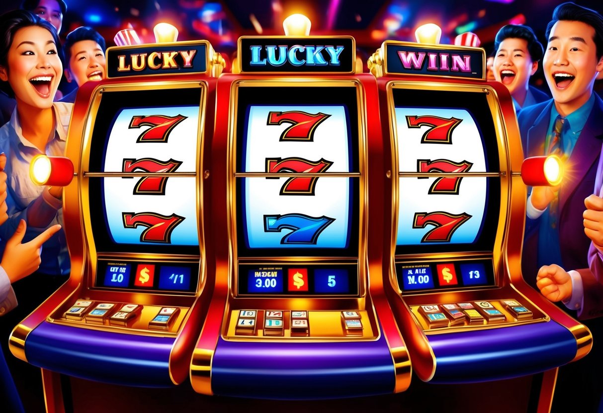 A vibrant casino slot machine with three reels displaying lucky symbols and flashing lights, surrounded by excited onlookers