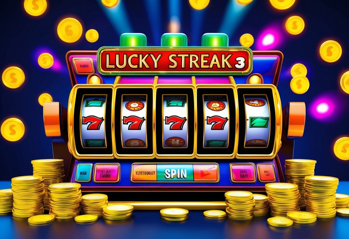 A colorful slot machine with Lucky Streak 3 theme, surrounded by bright lights and coins