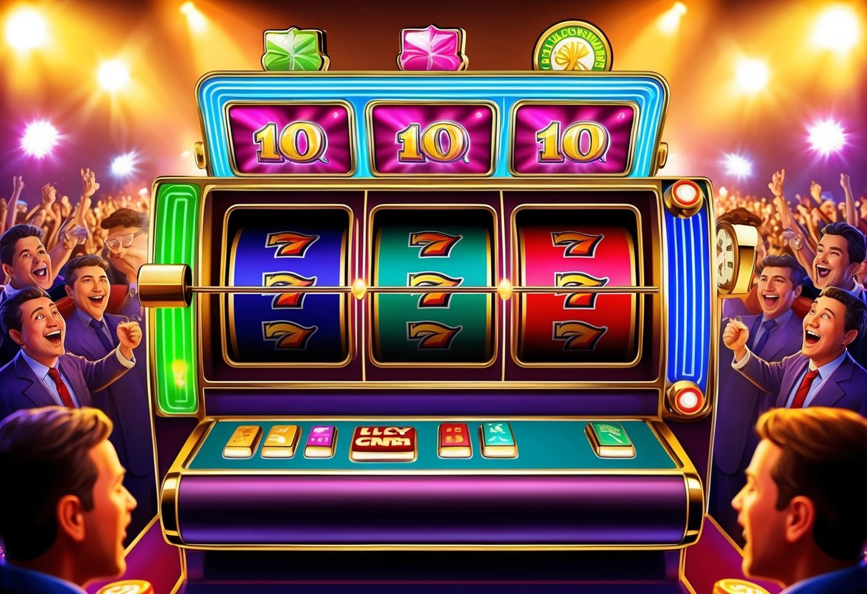 A colorful slot machine with three spinning reels and various lucky symbols, surrounded by bright lights and an excited crowd