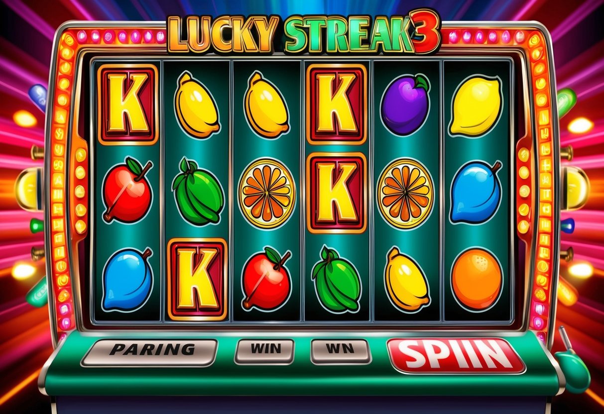 A colorful array of classic fruit machine symbols spinning on the Lucky Streak 3 slot reels, with bright lights and a retro design