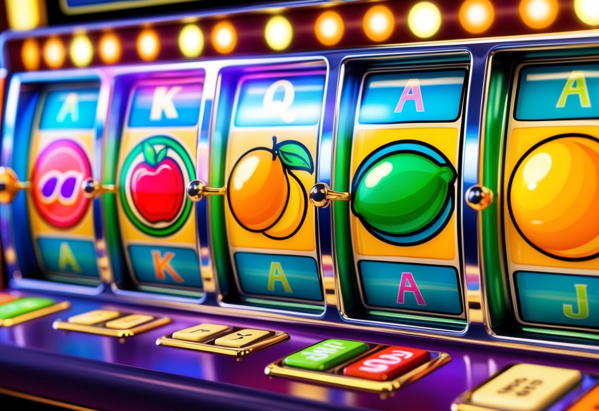 A colorful, vintage-style slot machine with classic fruit symbols spinning on the reels. Bright lights and a retro design evoke a sense of nostalgia