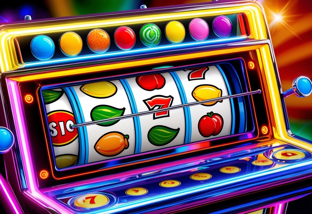 A colorful slot machine with classic fruit symbols spinning on the reels, surrounded by flashing lights and a vibrant background