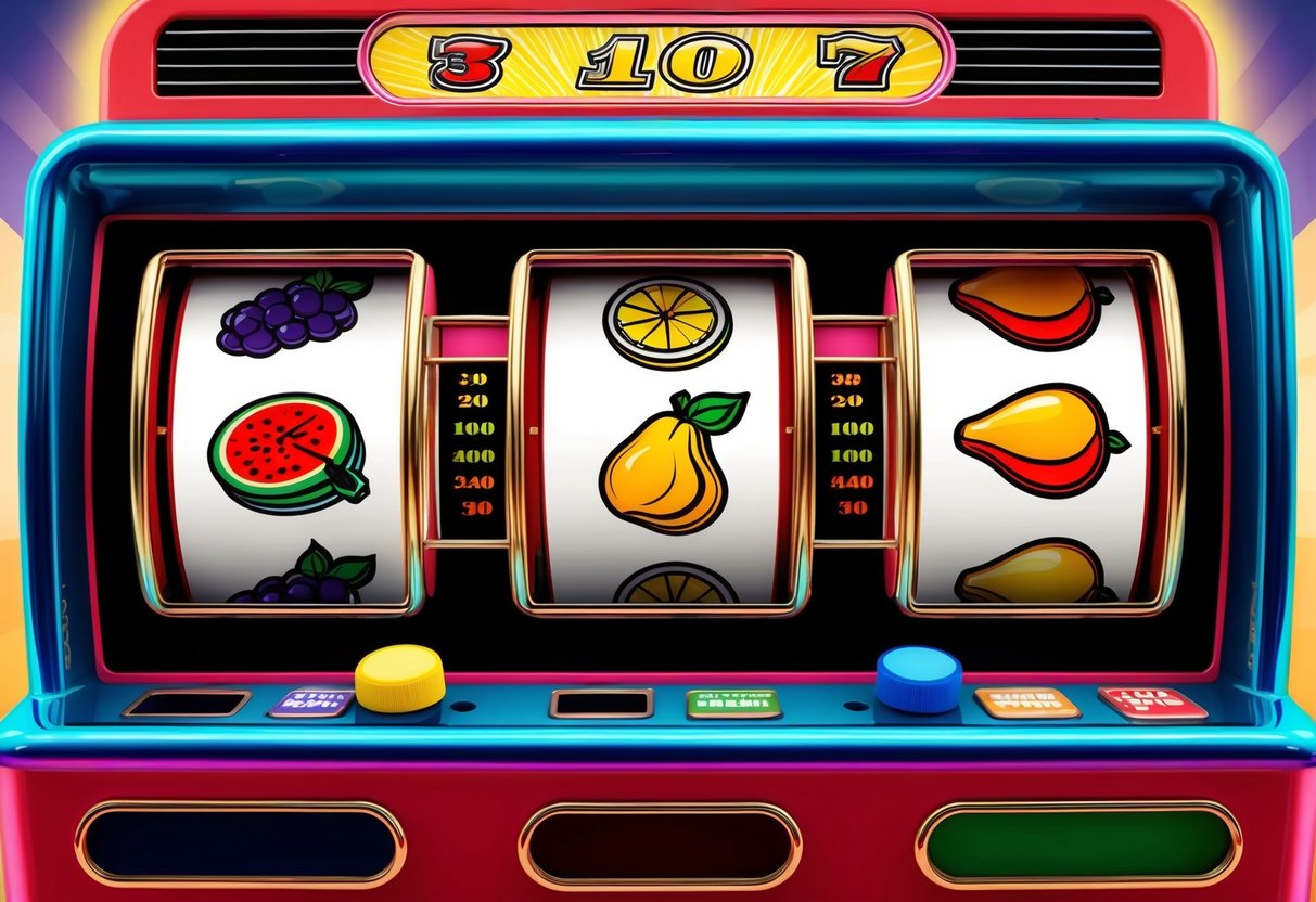 A colorful, retro-style slot machine with three reels, flashing lights, and classic fruit symbols