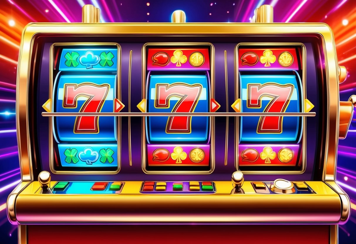 Bright, colorful slot machine with three spinning reels and various lucky symbols. Flashing lights and lively sound effects create an exciting gaming atmosphere