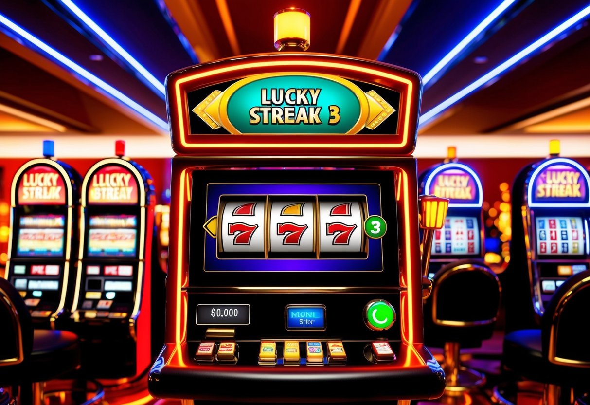 Brightly lit casino slot machine with Lucky Streak 3 on the screen, surrounded by flashing lights and other slot machines