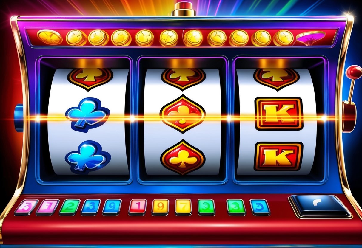 A colorful slot machine with three spinning reels and various lucky symbols. Bright lights and flashing animations create an exciting atmosphere