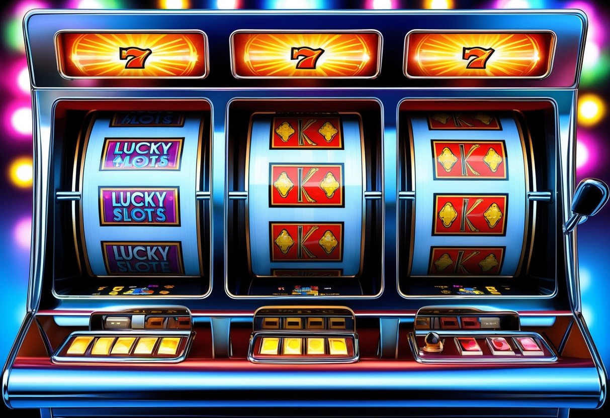 A slot machine with three spinning reels displaying various lucky symbols. Bright lights and colorful graphics surround the machine