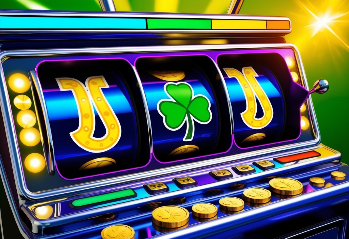 Colorful slot machine with three spinning reels, displaying lucky symbols like horseshoes, four-leaf clovers, and gold coins. Bright lights and flashing graphics create an exciting and energetic atmosphere