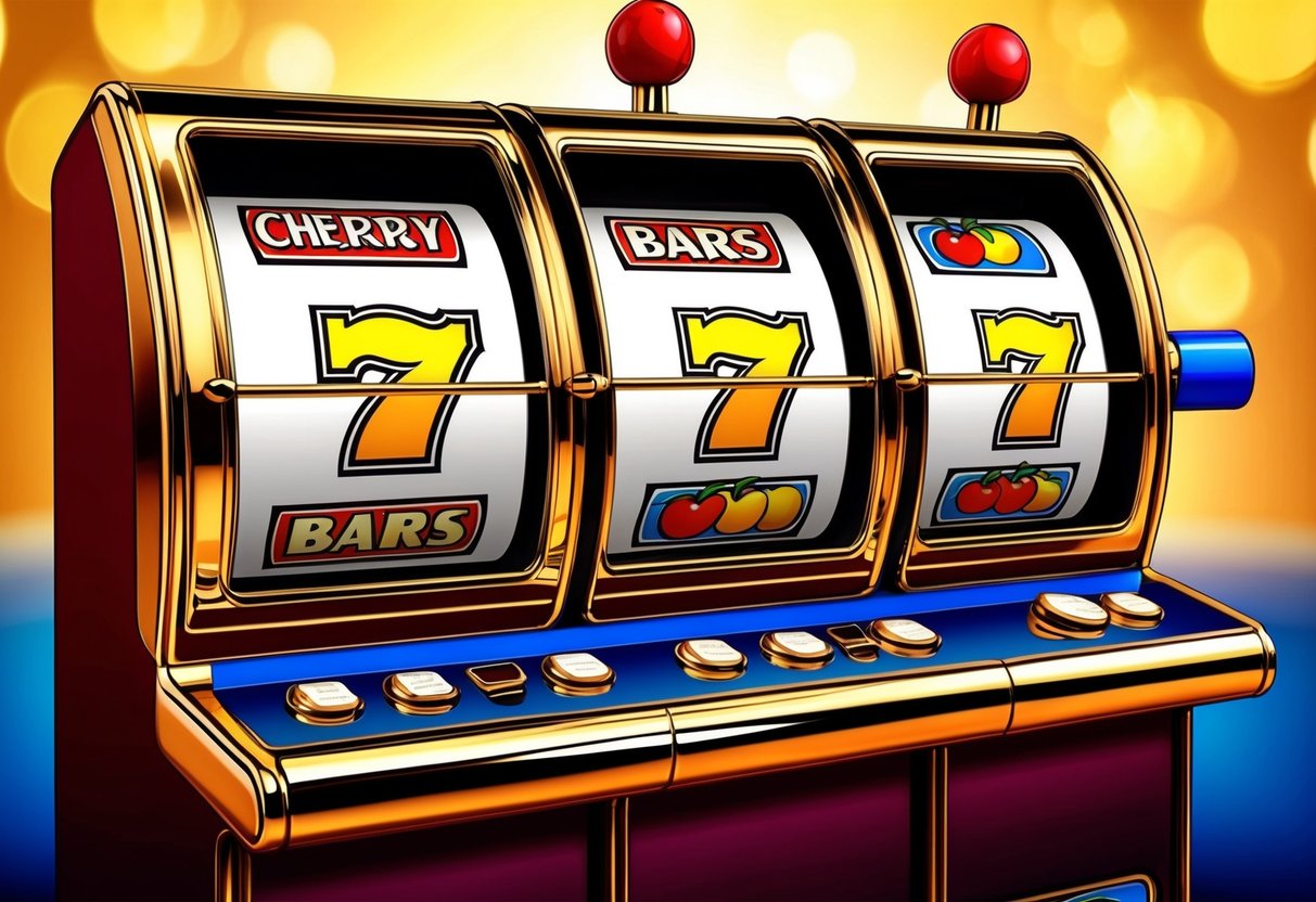 A vibrant slot machine with three spinning reels, adorned with classic symbols like cherries, bars, and lucky sevens, set against a glowing background