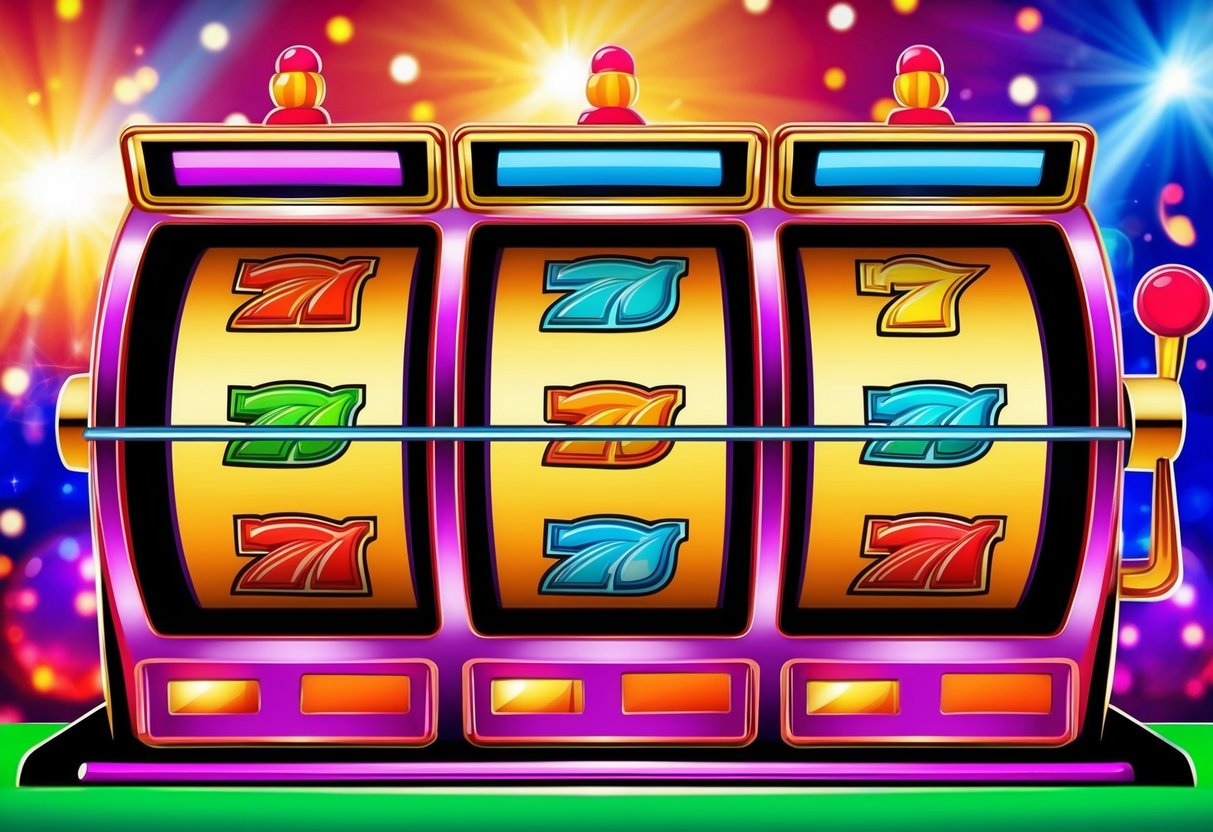 A colorful slot machine with three spinning reels and various lucky symbols, set against a vibrant background with flashing lights and a festive atmosphere