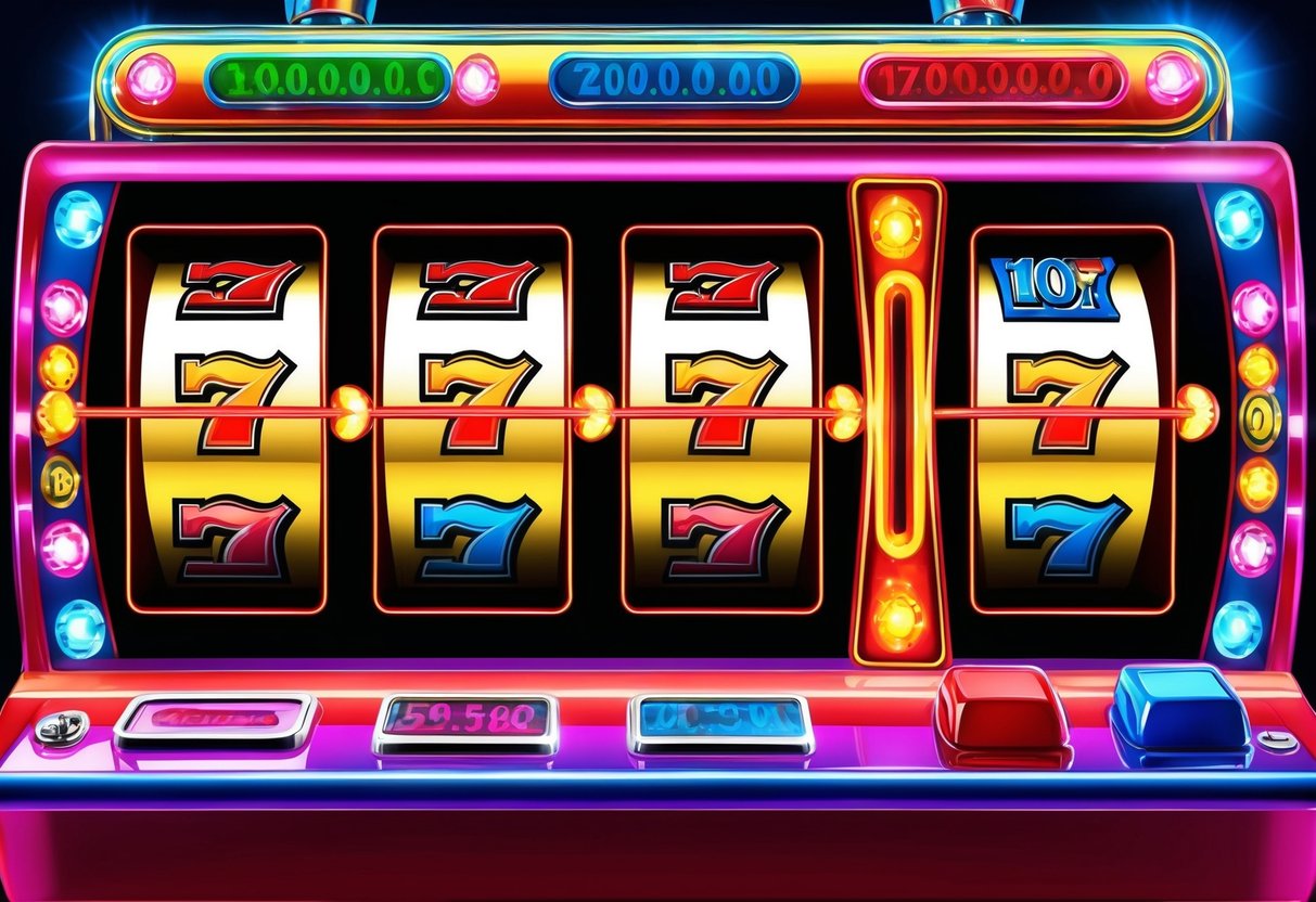 A colorful slot machine with bright lights and spinning reels