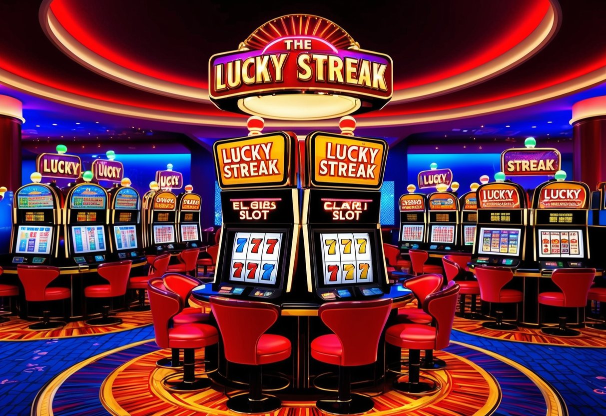 A vibrant casino setting with flashing lights and colorful slot machines in the Lucky Streak Slot Series