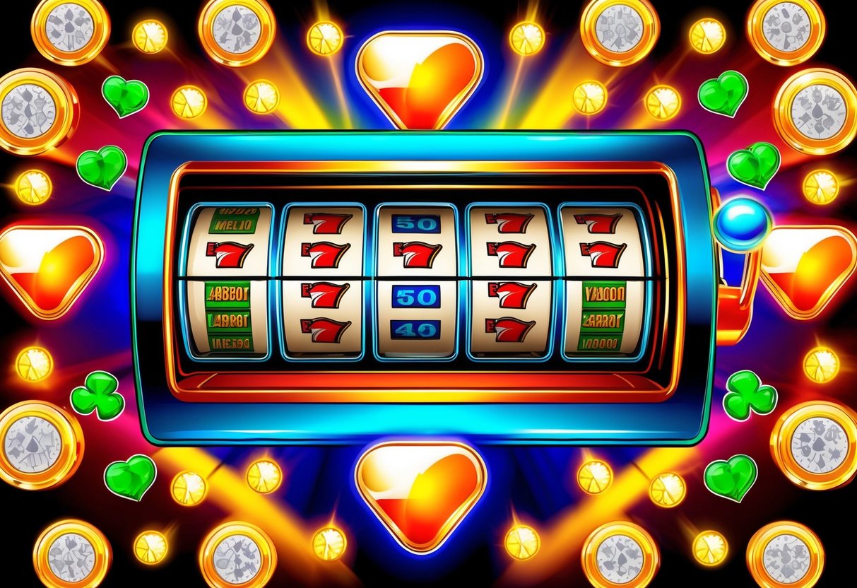 A vibrant slot machine surrounded by shining lucky symbols and a glowing jackpot display