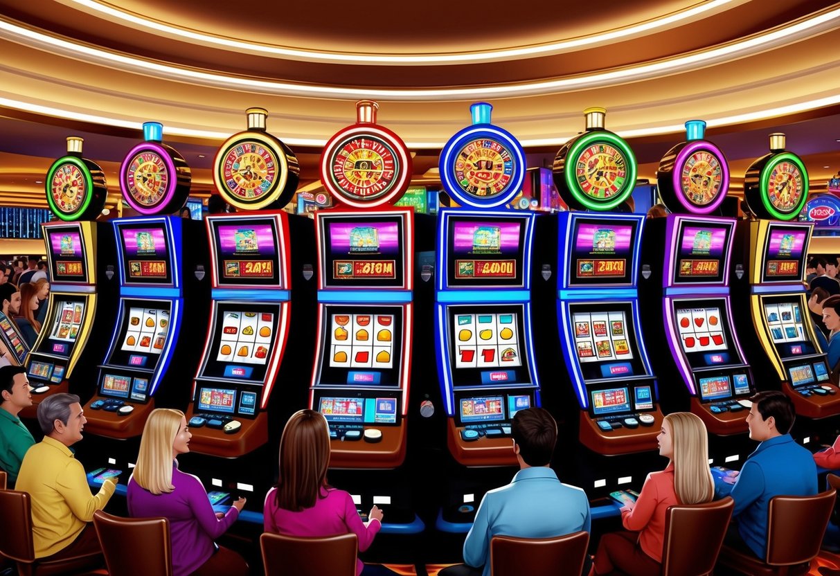 A colorful array of slot machines with flashing lights and spinning reels, surrounded by eager players in a bustling casino