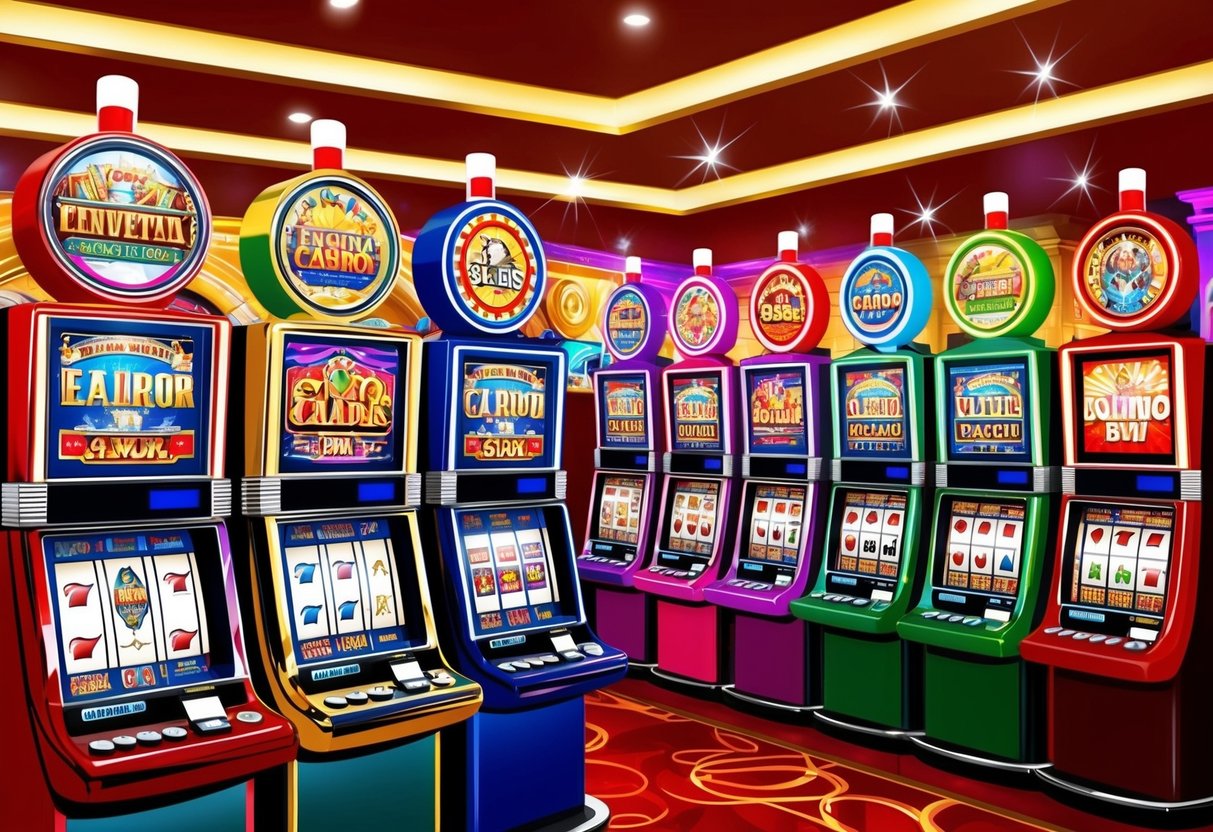 A colorful array of slot machines with various themes and designs, surrounded by bright lights and lively casino atmosphere