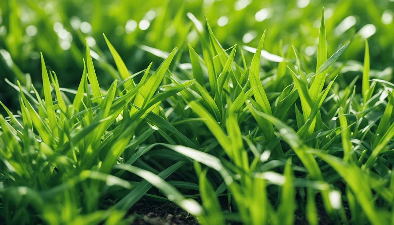 Crabgrass sprawls across the lawn, its coarse, light green clumps and stems standing out in a detailed macro shot