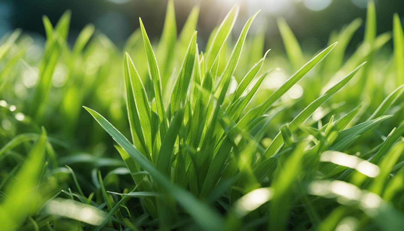 Coarse, light green crabgrass clumps sprawl in a detailed macro shot of a lawn