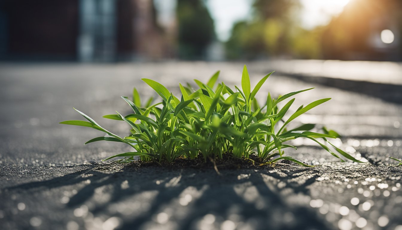 Crabgrass resiliently sprouts from pavement cracks, contrasting green against grey